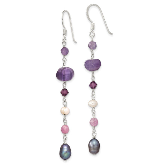 QE13126 Sterling Silver Polished Amethyst, Lavendar Jade, White & Black Freshwater Cultured Pearl Dangle Earrings