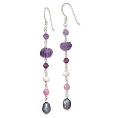 QE13126 Sterling Silver Polished Amethyst, Lavendar Jade, White & Black Freshwater Cultured Pearl Dangle Earrings
