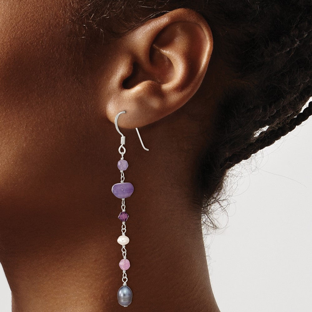 QE13126 Sterling Silver Polished Amethyst, Lavendar Jade, White & Black Freshwater Cultured Pearl Dangle Earrings