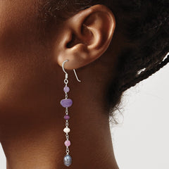 QE13126 Sterling Silver Polished Amethyst, Lavendar Jade, White & Black Freshwater Cultured Pearl Dangle Earrings