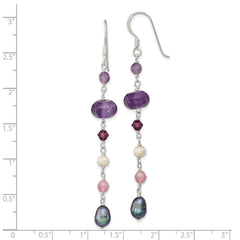 QE13126 Sterling Silver Polished Amethyst, Lavendar Jade, White & Black Freshwater Cultured Pearl Dangle Earrings