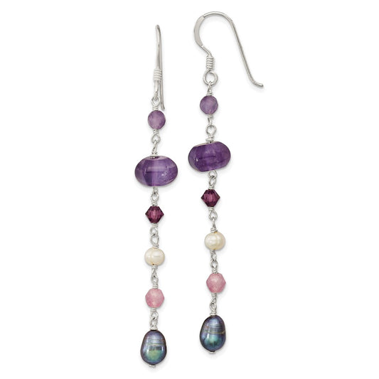 QE13126 Sterling Silver Polished Amethyst, Lavendar Jade, White & Black Freshwater Cultured Pearl Dangle Earrings