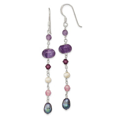 QE13126 Sterling Silver Polished Amethyst, Lavendar Jade, White & Black Freshwater Cultured Pearl Dangle Earrings