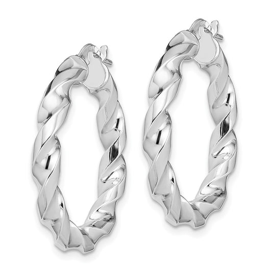 QE13129 Sterling Silver Rhodium-plated 4x20mmTwisted Hoop Earrings