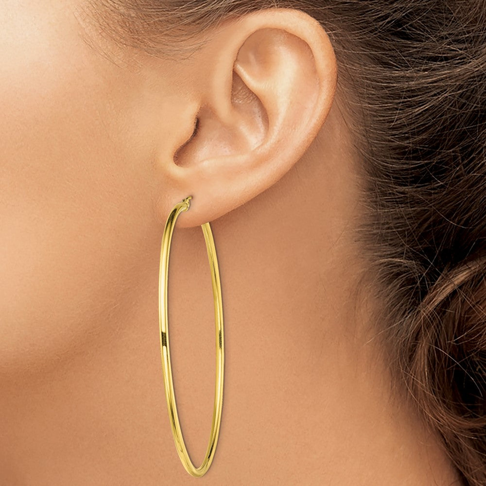 QE13132 Sterling Silver Gold-Tone Polished 2x65mm Hoop Earrings