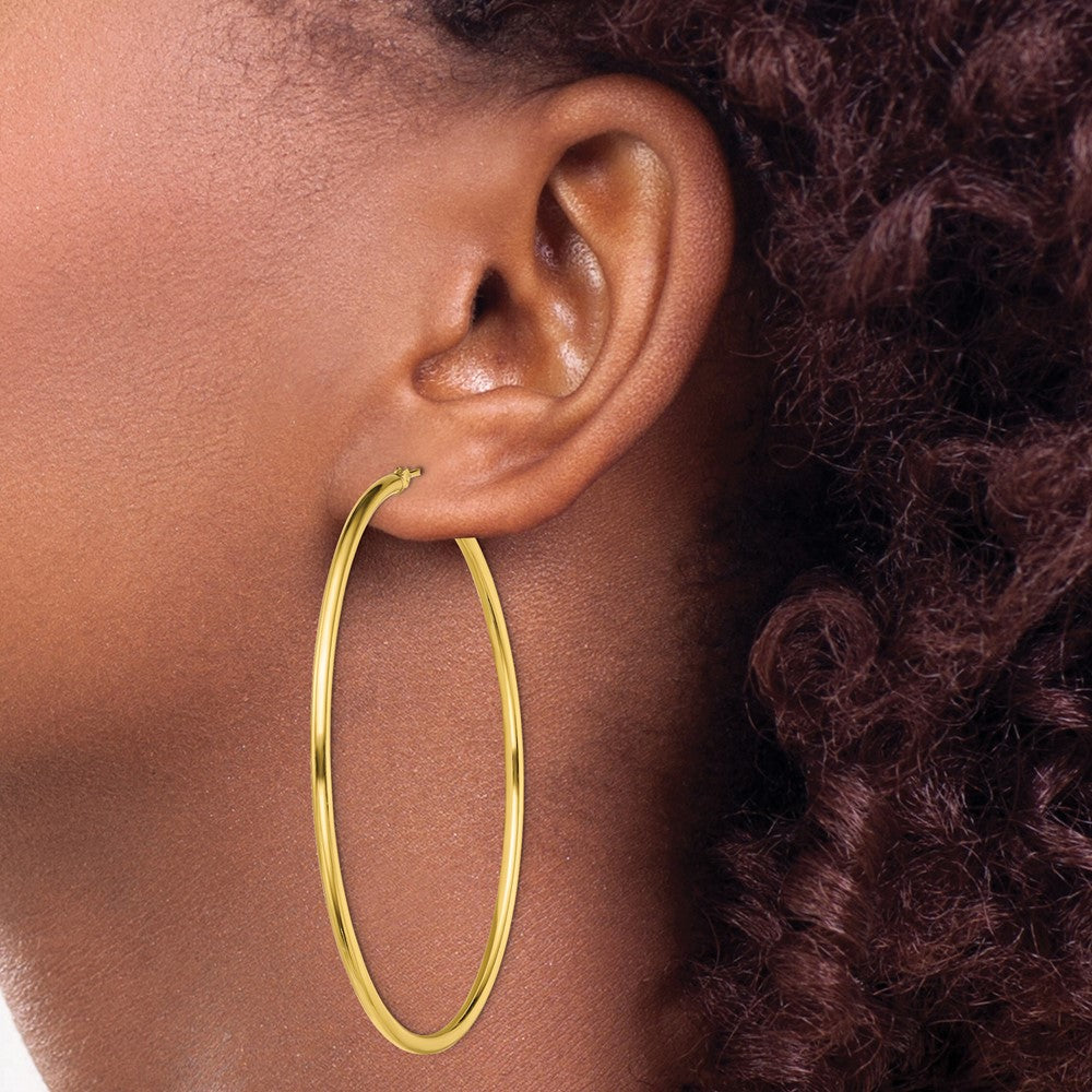 QE13135 Sterling Silver Gold-Tone Polished 2x60mm Hoop Earrings