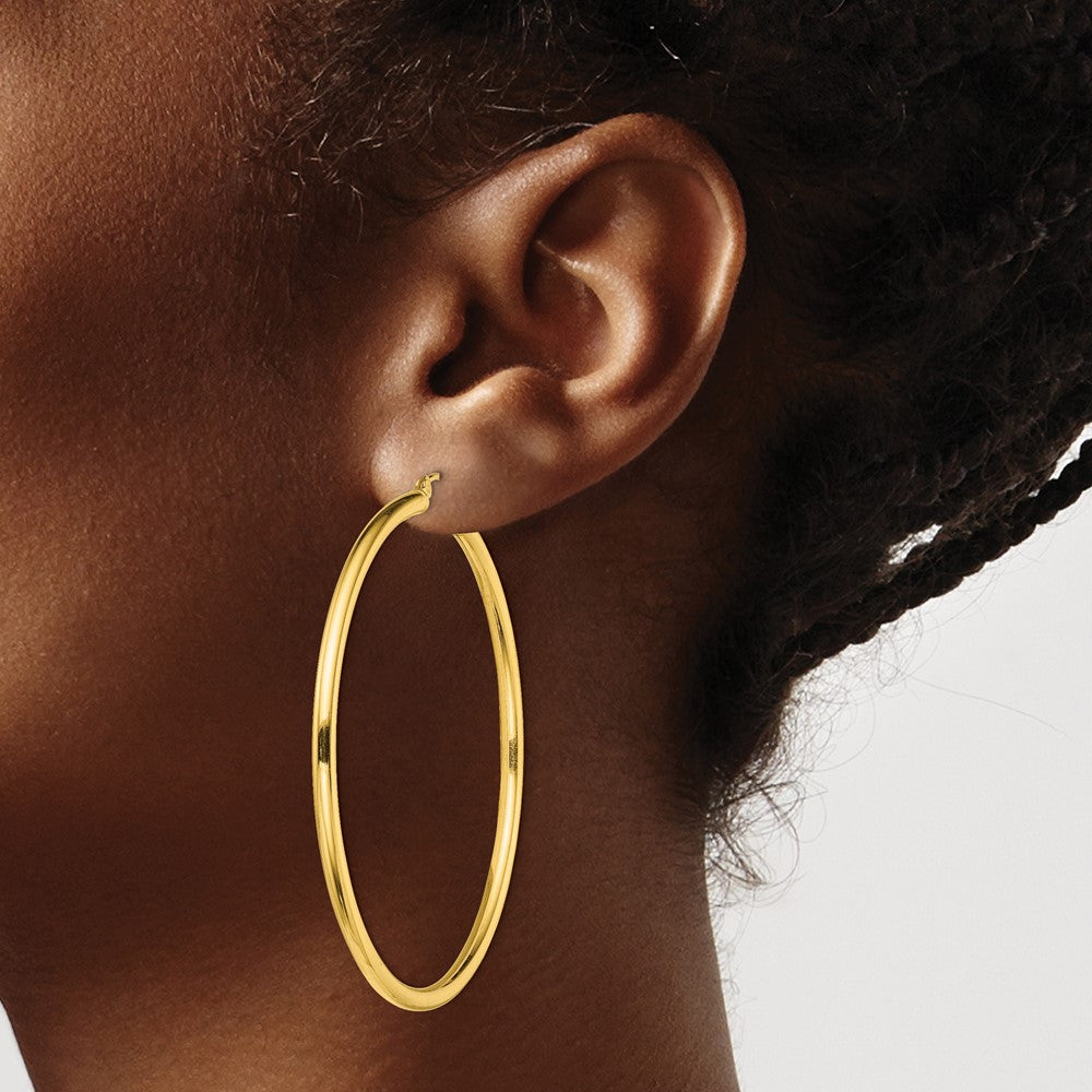 QE13148 Sterling Silver Gold-Tone Polished 2.5x55mm Hoop Earrings