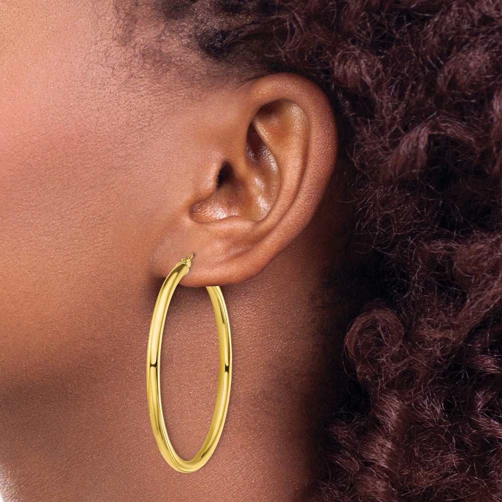 QE13160 Sterling Silver Gold-Tone Polished 3x50mm Hoop Earrings