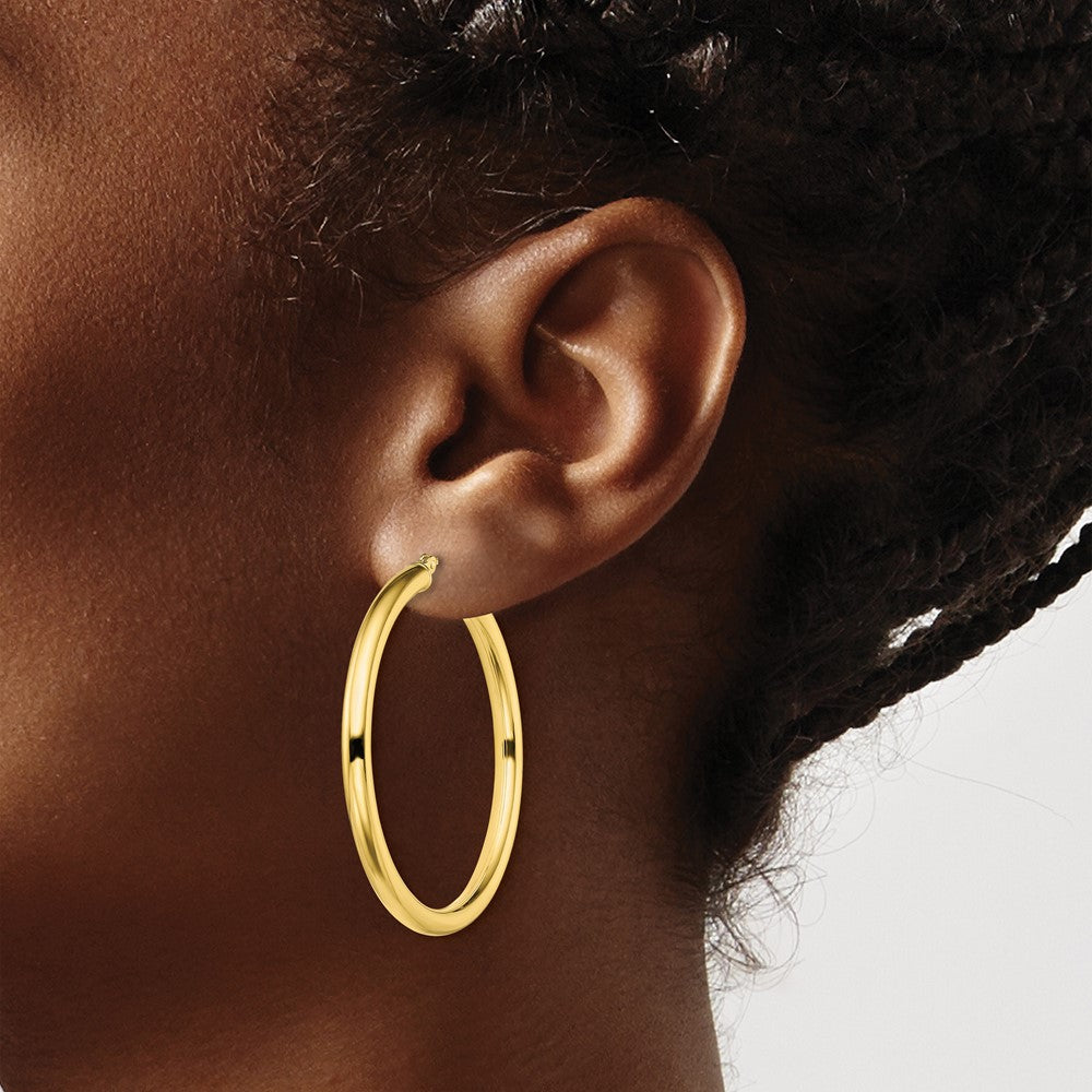 QE13161 Sterling Silver Gold-Tone Polished 3x40mm Hoop Earrings