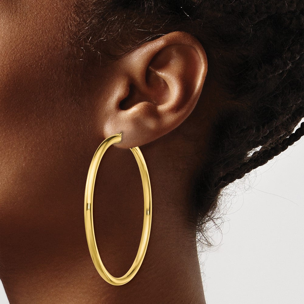 QE13167 Sterling Silver Gold-Tone Polished 3x55mm Hoop Earrings