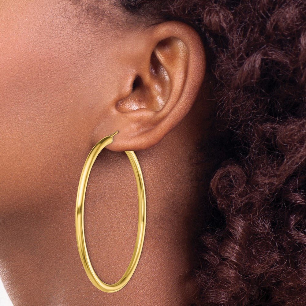 QE13171 Sterling Silver Gold-Tone Polished 3x60mm Hoop Earrings