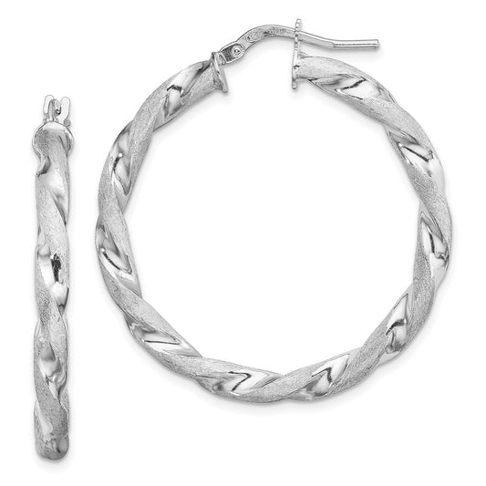 QE13186 Sterling Silver RH-Plated Satin Polished Twisted 3x35mm Hoop Earrings