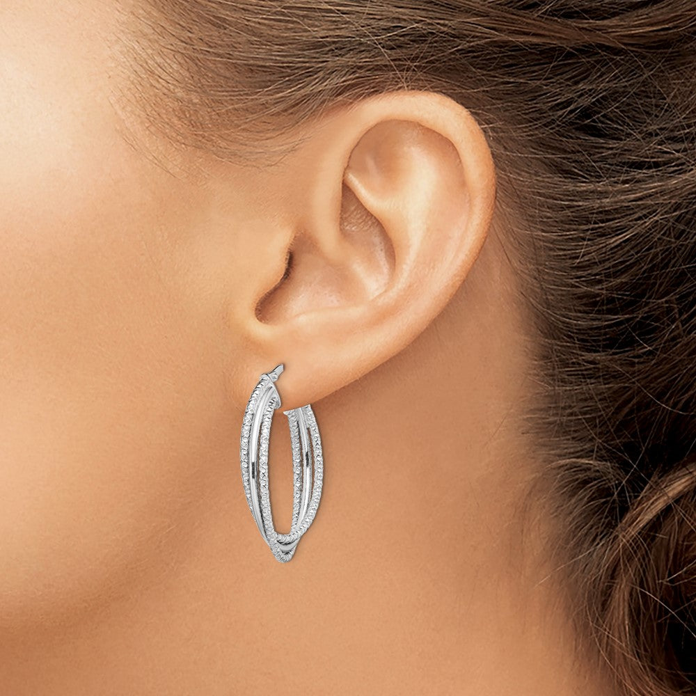 QE13191 Sterling Silver Rhodium-plated Polished and Textured Triple Hoops