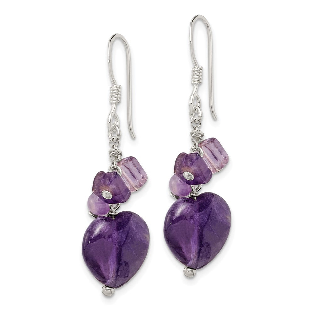 QE1324 Sterling Silver Polished Amethyst Heart Dangle Earrings