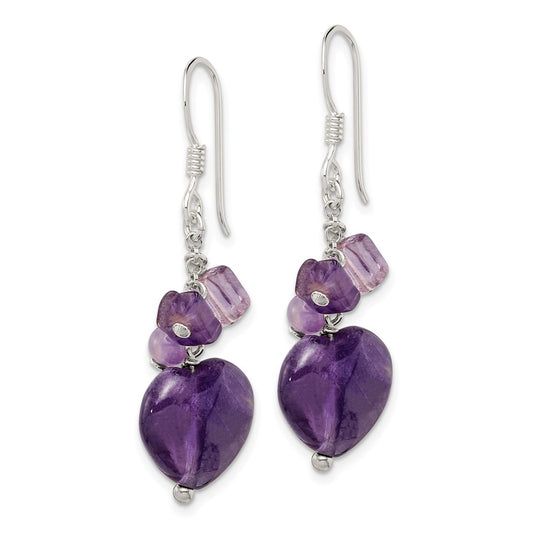 QE1324 Sterling Silver Polished Amethyst Heart Dangle Earrings