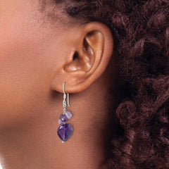 QE1324 Sterling Silver Polished Amethyst Heart Dangle Earrings