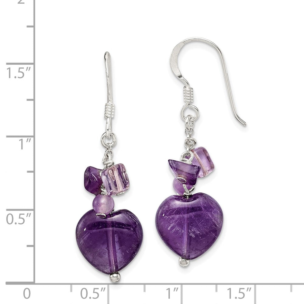 QE1324 Sterling Silver Polished Amethyst Heart Dangle Earrings