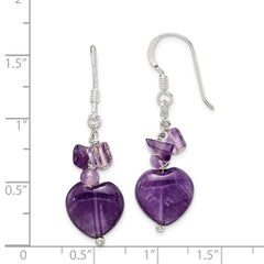 QE1324 Sterling Silver Polished Amethyst Heart Dangle Earrings