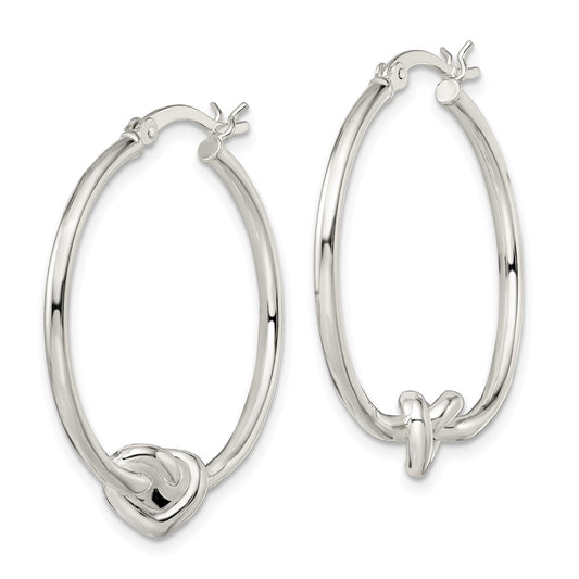 QE13240 Sterling Silver Polished Heart Knot Round Hoop Earrings