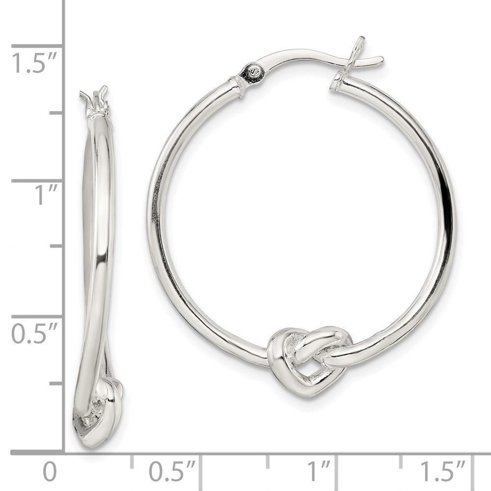 QE13240 Sterling Silver Polished Heart Knot Round Hoop Earrings