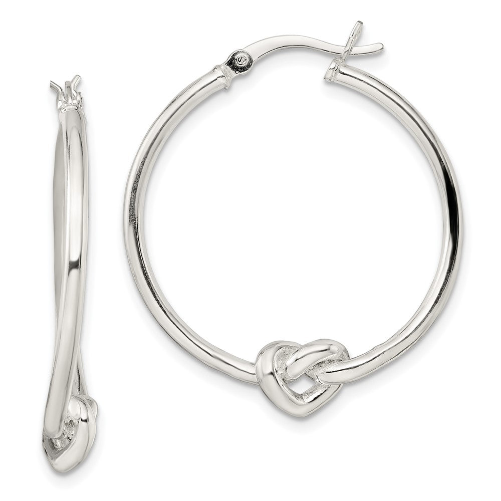 QE13240 Sterling Silver Polished Heart Knot Round Hoop Earrings