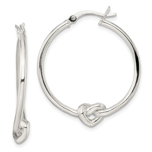 QE13240 Sterling Silver Polished Heart Knot Round Hoop Earrings