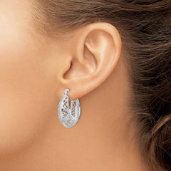 QE13245 Sterling Silver Rhod-plated Polished & Filigree Round Hoop Earrings
