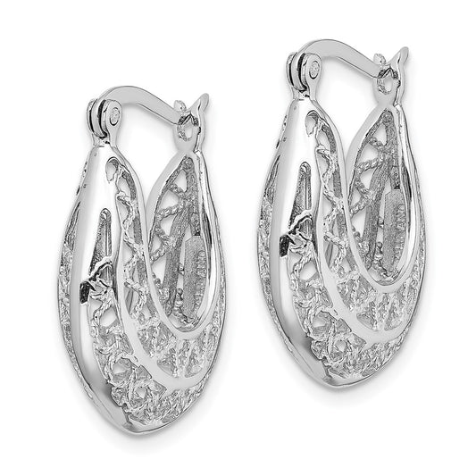 QE13246 Sterling Silver Rhodium-plated Polished & Filigree Hoop Earrings