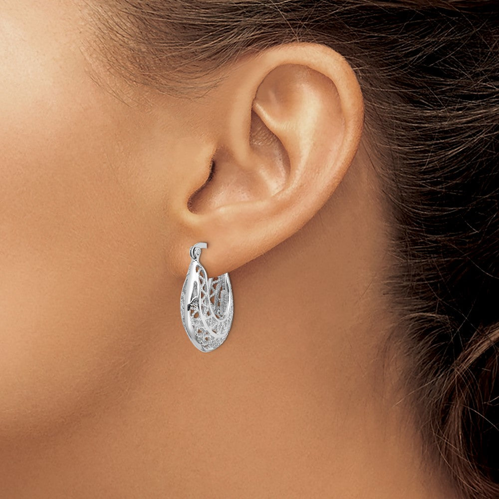 QE13246 Sterling Silver Rhodium-plated Polished & Filigree Hoop Earrings
