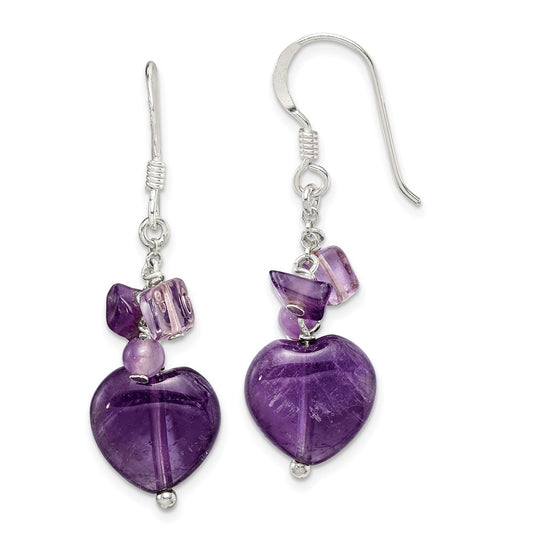 QE1324 Sterling Silver Polished Amethyst Heart Dangle Earrings