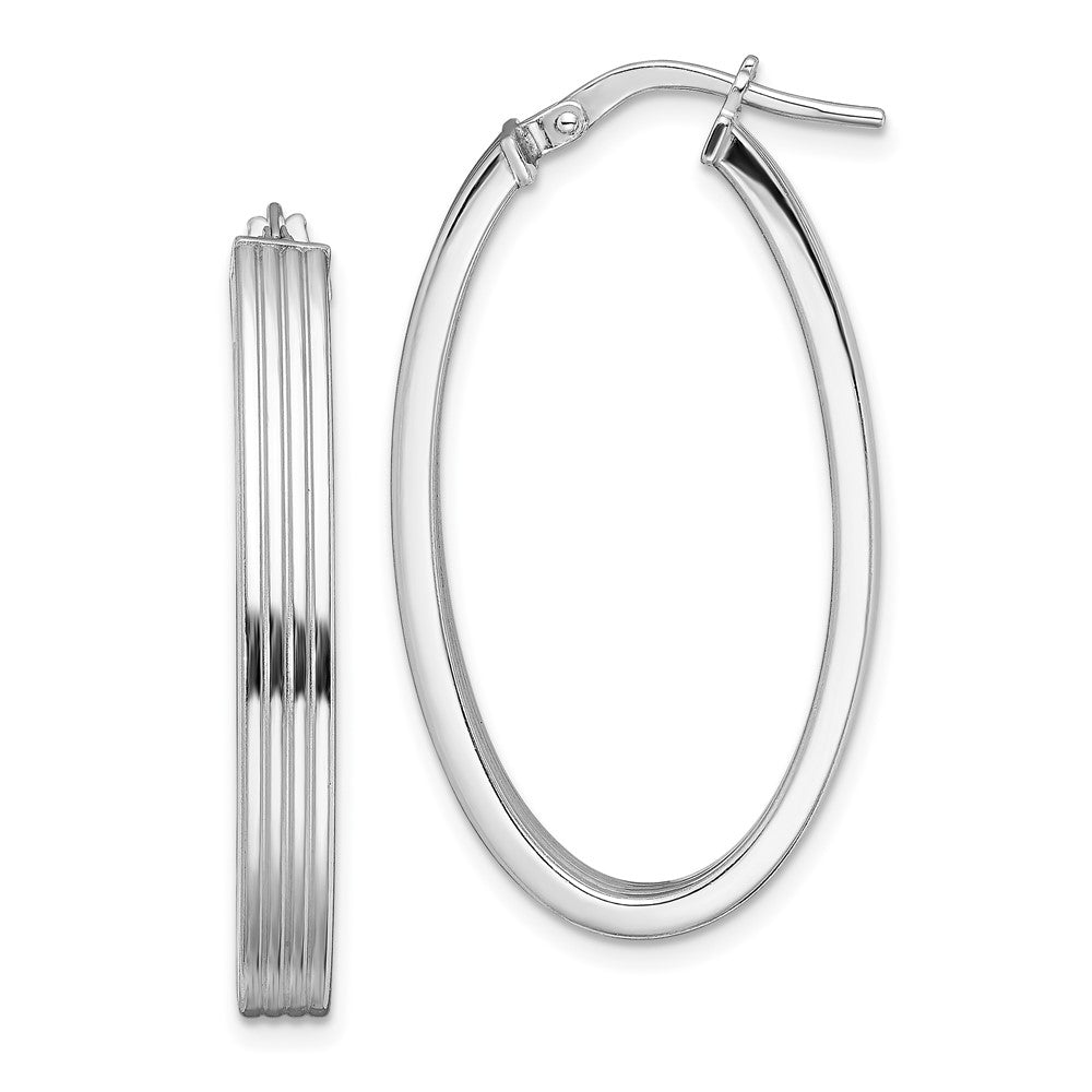 QE13257 Sterling Silver Rhod-plated Polished & Striped 4mm Oval Hoop Earrings