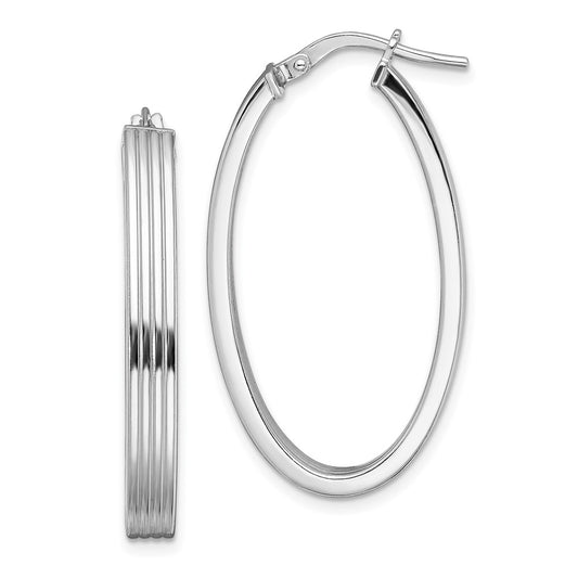QE13257 Sterling Silver Rhod-plated Polished & Striped 4mm Oval Hoop Earrings