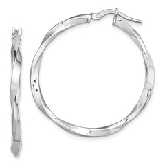 QE13270 Sterling Silver Rhodium-plated Polished Twisted 2.5x30mm Hoop Earrings