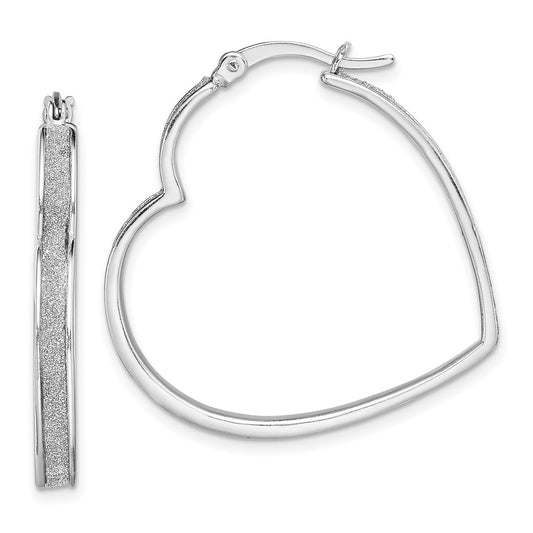 QE13279 Sterling Silver RH-plated Enamel Glitter Fabric Heart Shaped Hoop Earrings