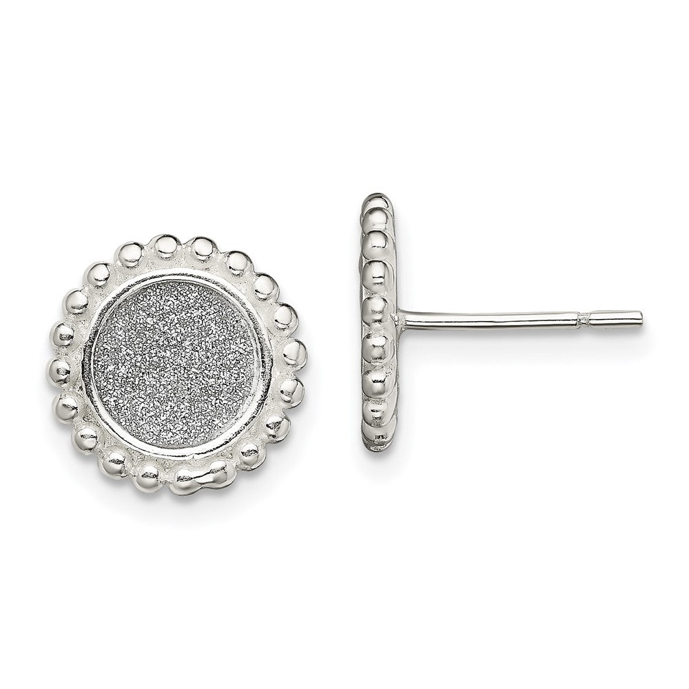 QE13291 Sterling Silver Polished & Beaded Enamel Glitter Fabric Round Post Earrings