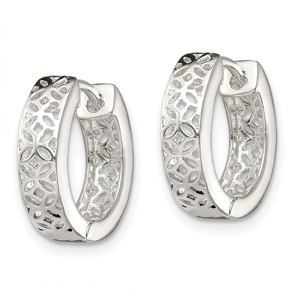 QE13296 Sterling Silver Polished Cut-out Design Hinged Hoop Earrings