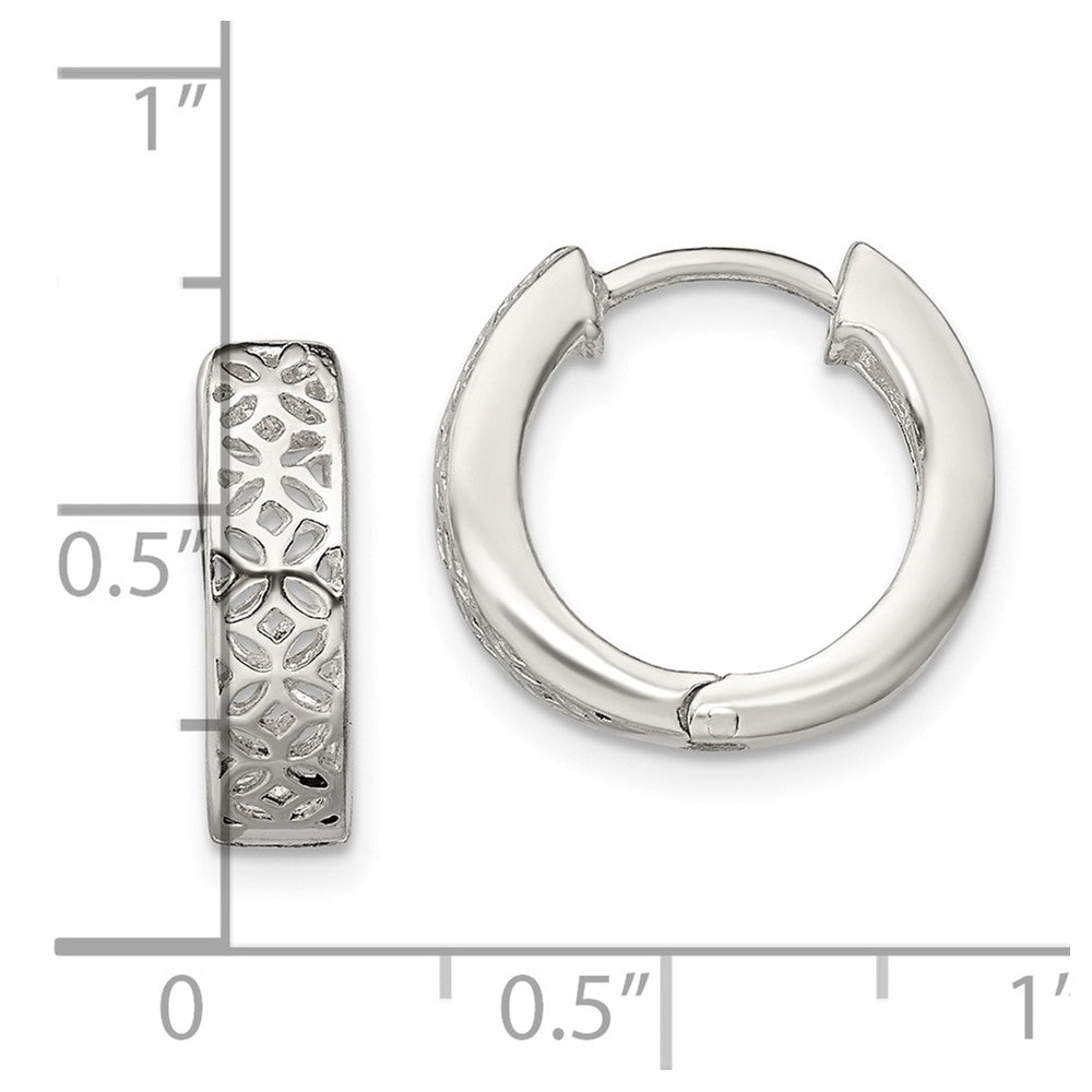 QE13296 Sterling Silver Polished Cut-out Design Hinged Hoop Earrings
