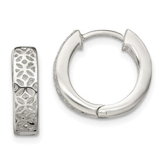 QE13296 Sterling Silver Polished Cut-out Design Hinged Hoop Earrings