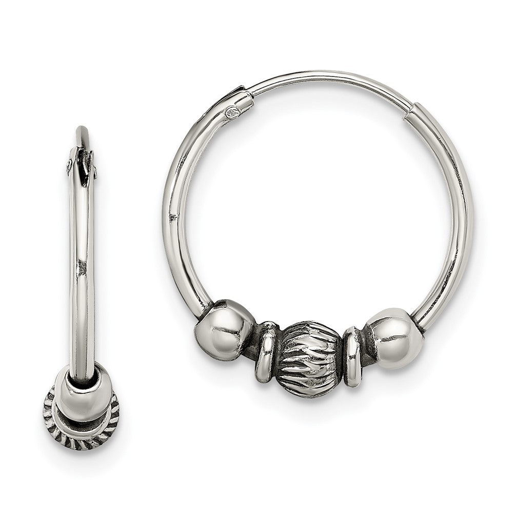 QE13297 Sterling Silver Antiqued Beaded Endless Hoop Earrings