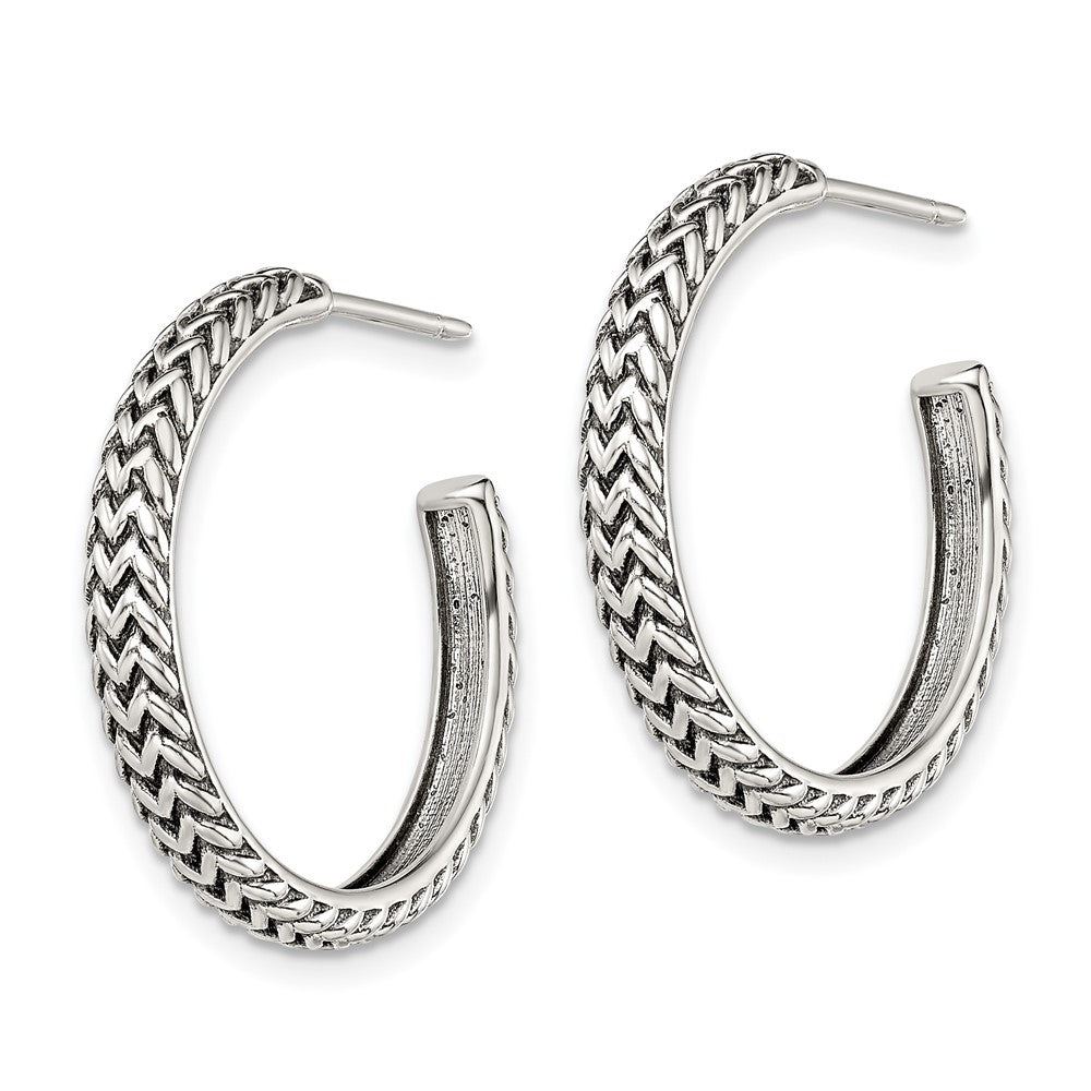 QE13307 Sterling Silver Antiqued Large Zig Zag Hoop Post Earrings