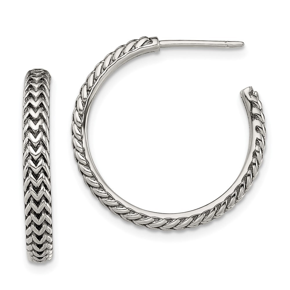 QE13307 Sterling Silver Antiqued Large Zig Zag Hoop Post Earrings