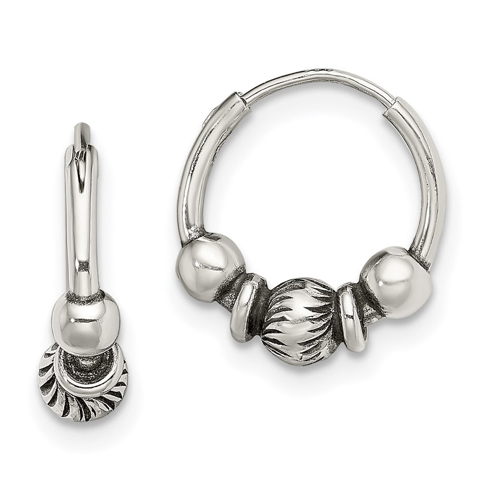 QE13312 Sterling Silver Antiqued Beaded Endless Hoop Earrings