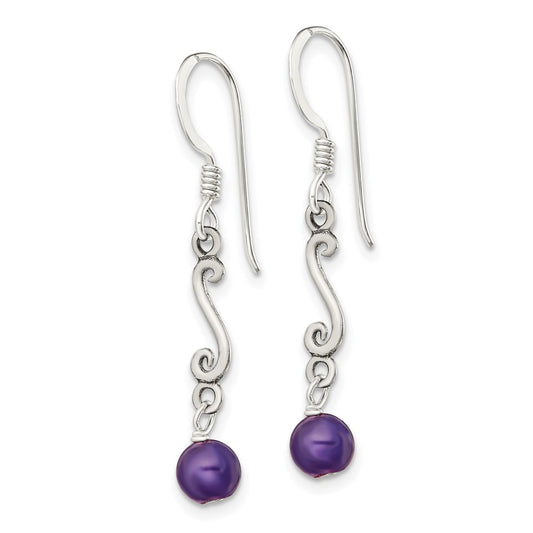QE1333 Sterling Silver Polished & Antiqued Amethyst Swirl Dangle Earrings