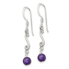QE1333 Sterling Silver Polished & Antiqued Amethyst Swirl Dangle Earrings