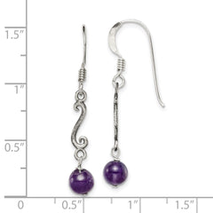 QE1333 Sterling Silver Polished & Antiqued Amethyst Swirl Dangle Earrings