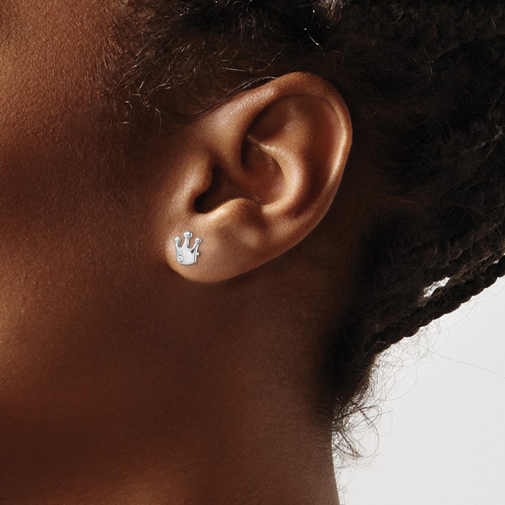 QE13348 Sterling Silver Rhodium-plated CZ Crown Post Earrings