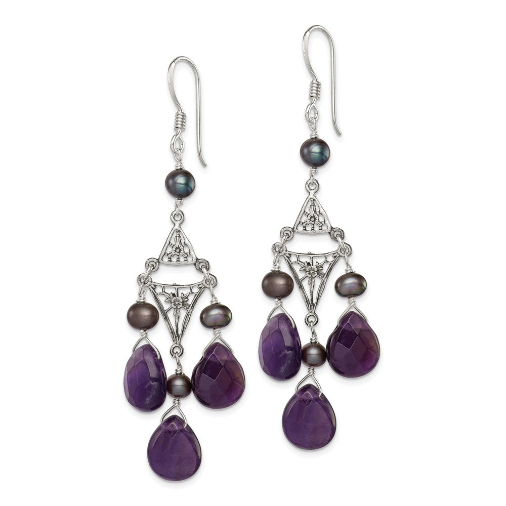 QE1335 Sterling Silver Antiqued Floral Filigree Amethyst/FWC Pearl Dangle Earrings