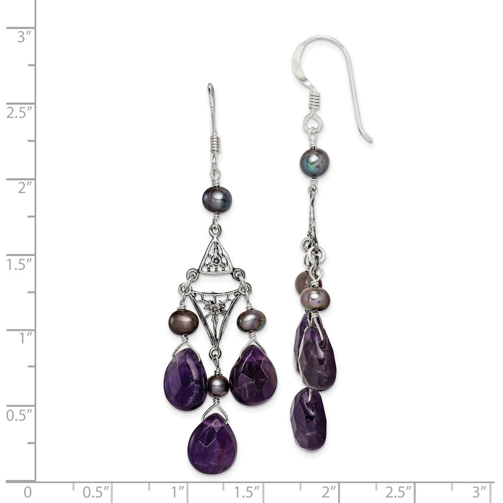 QE1335 Sterling Silver Antiqued Floral Filigree Amethyst/FWC Pearl Dangle Earrings
