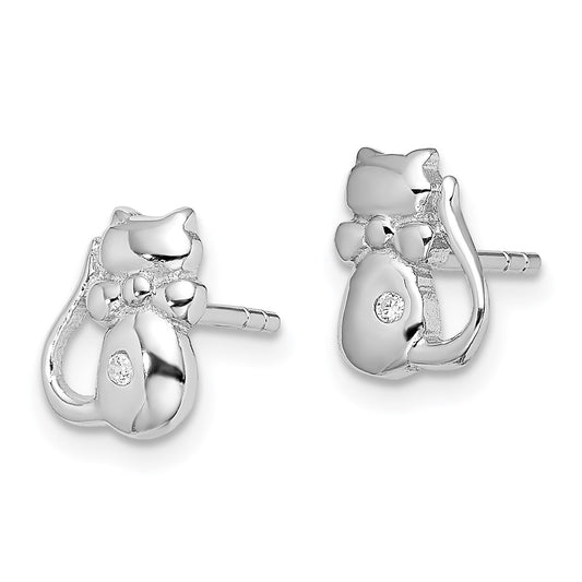 QE13357 Sterling Silver Rhodium-plated CZ Cat Post Earrings