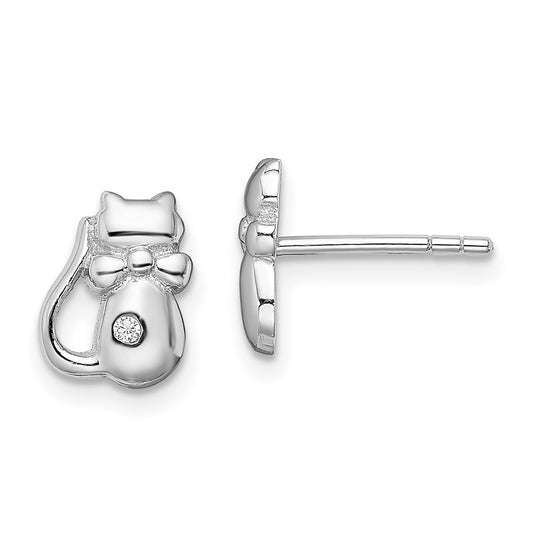 QE13357 Sterling Silver Rhodium-plated CZ Cat Post Earrings